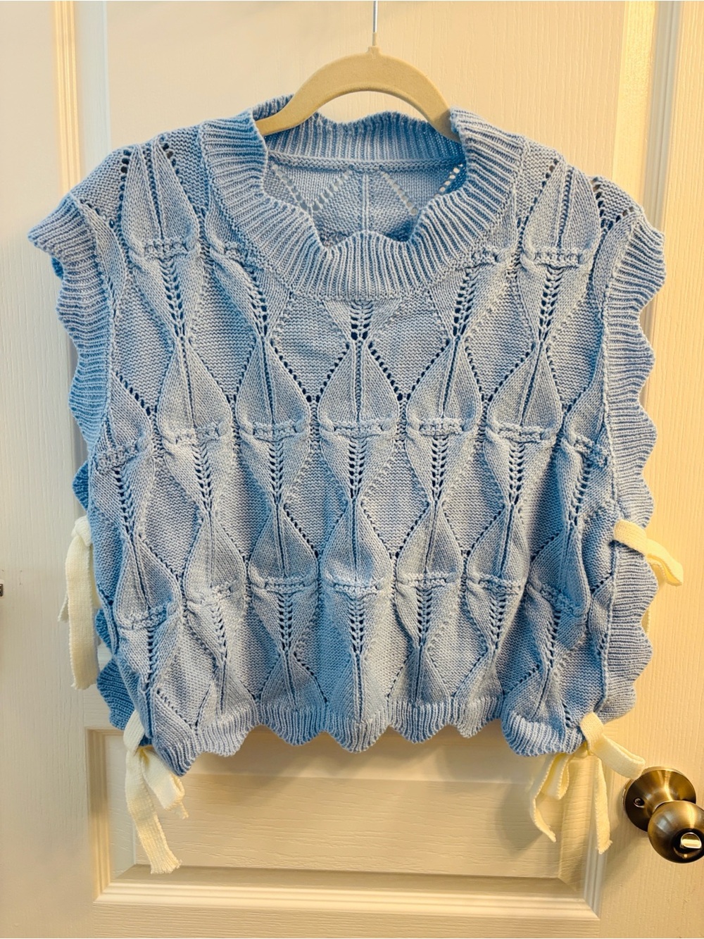 Light Blue Knit Sleeveless Sweater Vest with Ribbon Ties